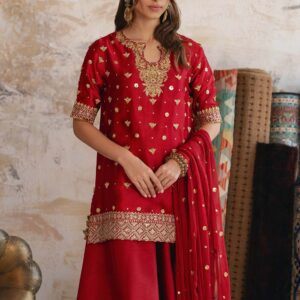 Tasmia | Red Raw Silk & Lace 3-Piece Ensemble